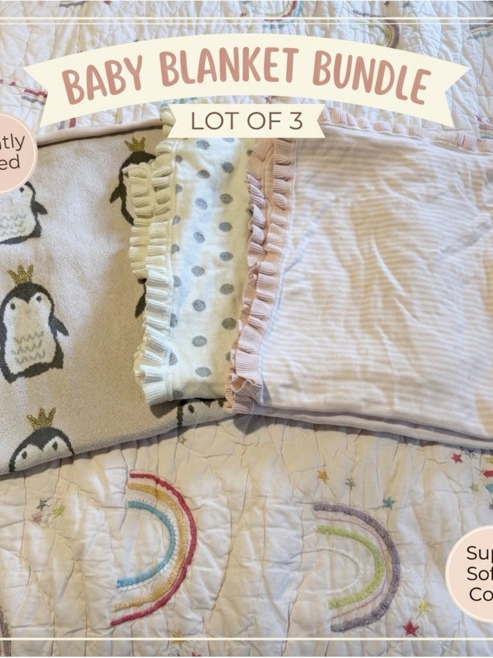 Baby Girl Blanket Bundle - Pink, Gray, and Cream Ruffle Blankets (Lot of 3)